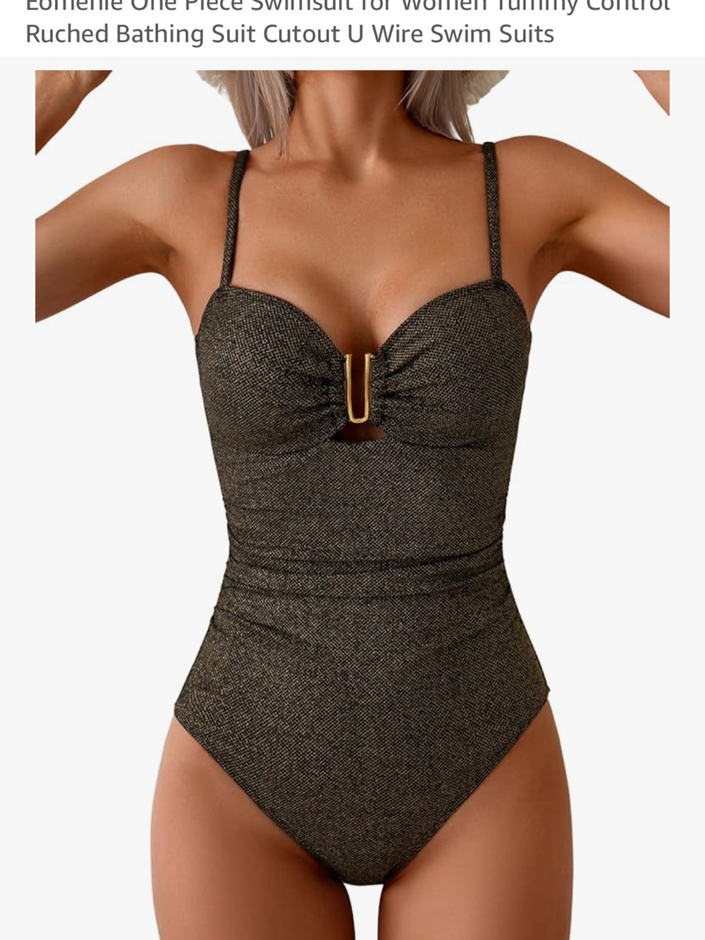 NWT Metallic Black Ruched One-Piece Swimsuit with Gold U Accent